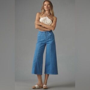 Anthropologie Maeve The Delaney Clean Seamed High Rise Wide Leg Crop Pants Blue
